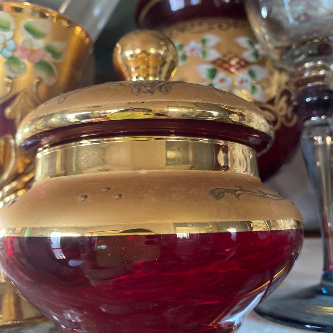 ベネチアン　グラス　ボヘミア　赤　蓋付き　ポット　グラス　金彩　24k レア