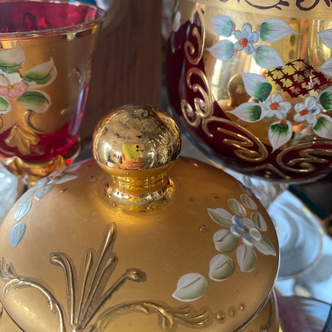 ベネチアン　グラス　ボヘミア　赤　蓋付き　ポット　グラス　金彩　24k レア