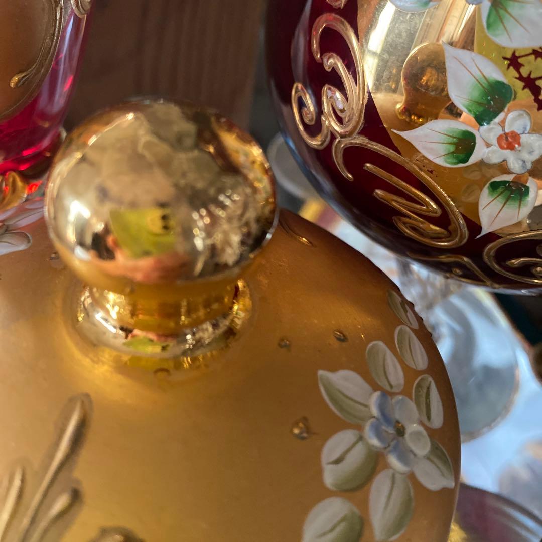 ベネチアン　グラス　ボヘミア　赤　蓋付き　ポット　グラス　金彩　24k レア