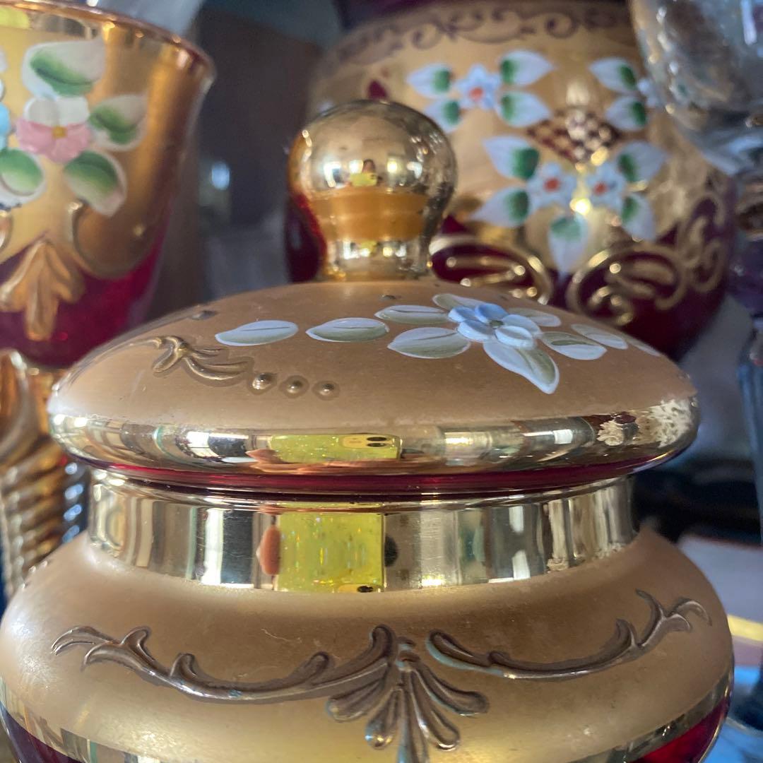 ベネチアン　グラス　ボヘミア　赤　蓋付き　ポット　グラス　金彩　24k レア