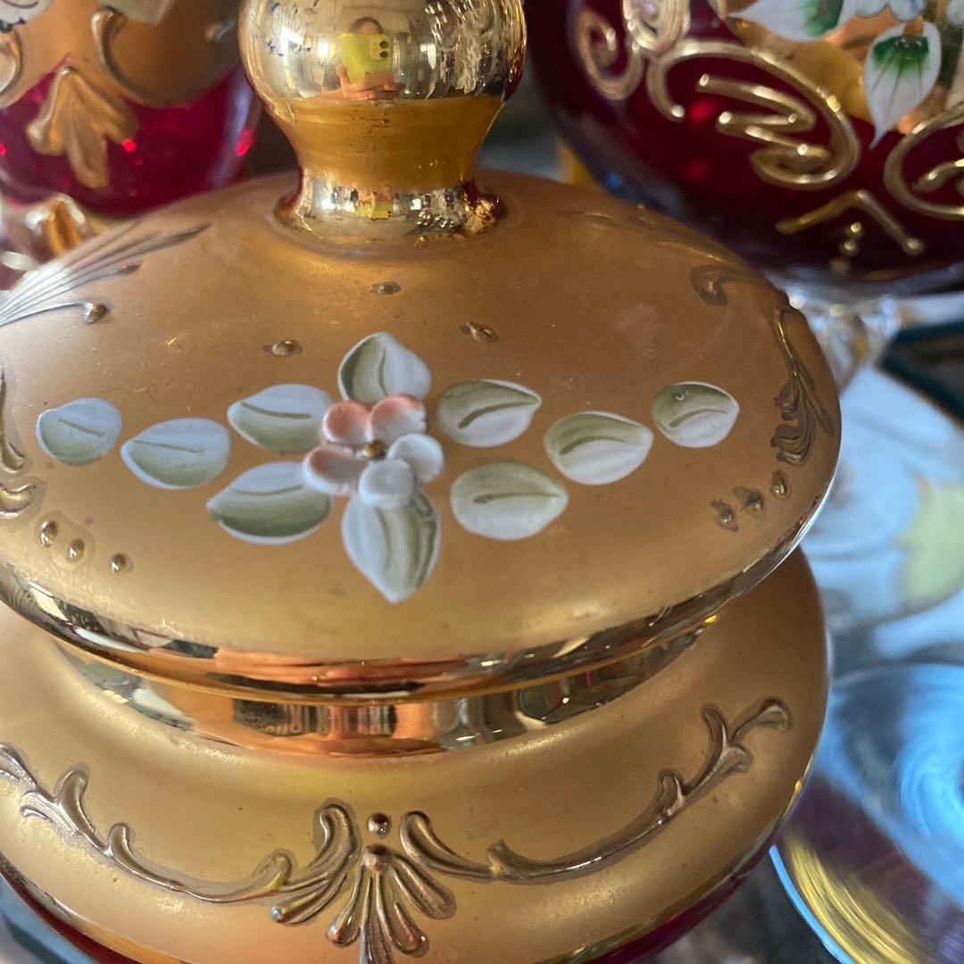 ベネチアン　グラス　ボヘミア　赤　蓋付き　ポット　グラス　金彩　24k レア