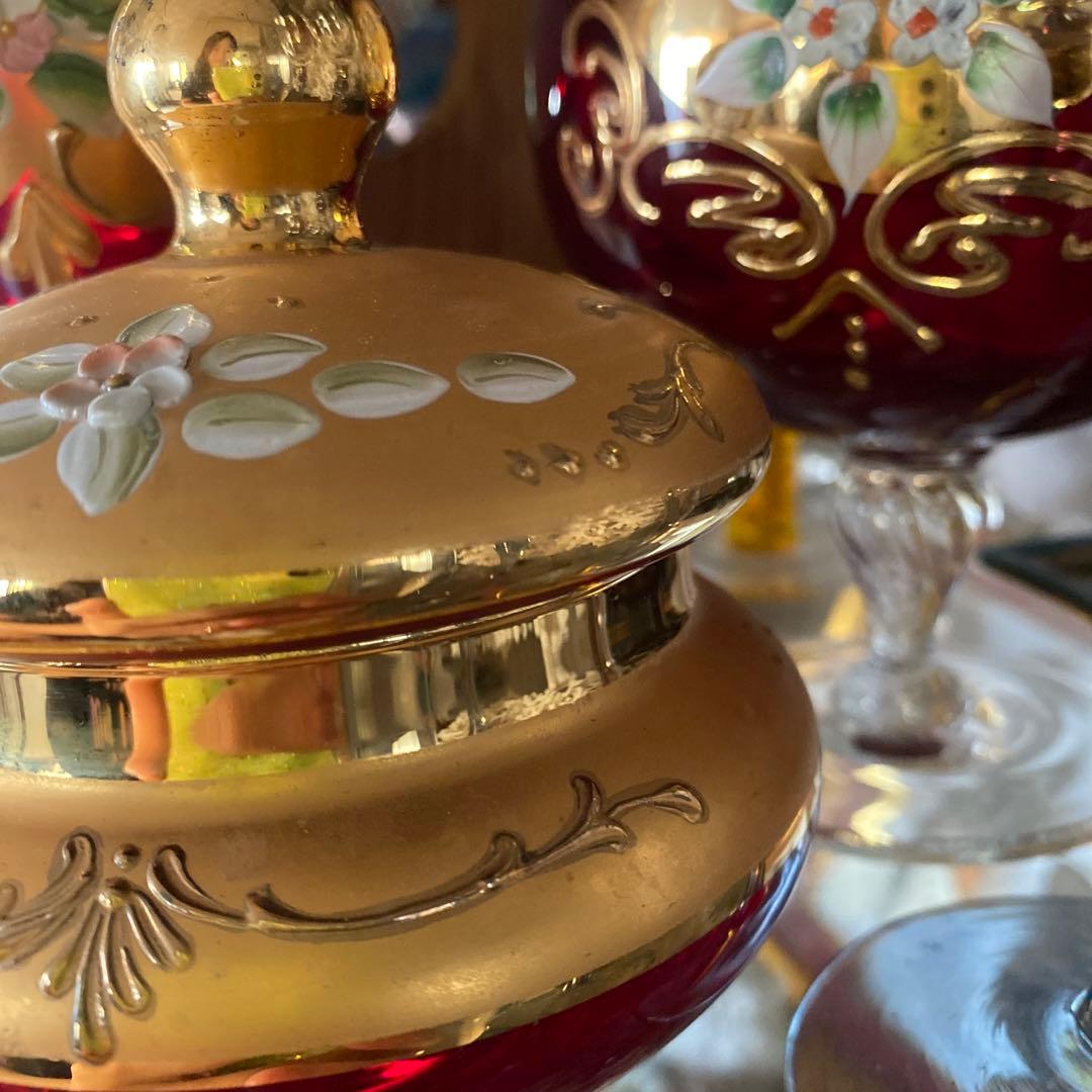 ベネチアン　グラス　ボヘミア　赤　蓋付き　ポット　グラス　金彩　24k レア