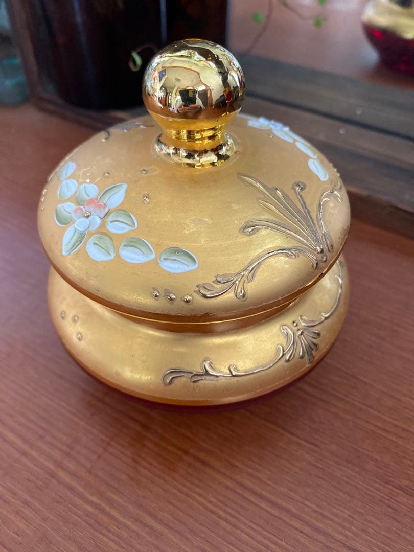 ベネチアン　グラス　ボヘミア　赤　蓋付き　ポット　グラス　金彩　24k レア