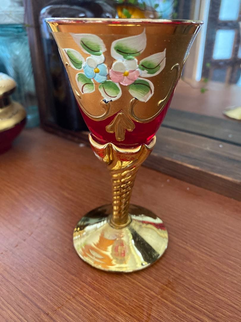ベネチアン　グラス　ボヘミア　赤　蓋付き　ポット　グラス　金彩　24k レア