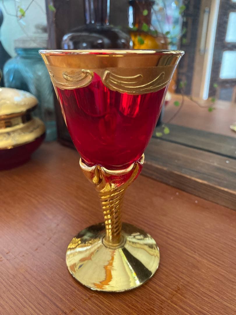 ベネチアン　グラス　ボヘミア　赤　蓋付き　ポット　グラス　金彩　24k レア