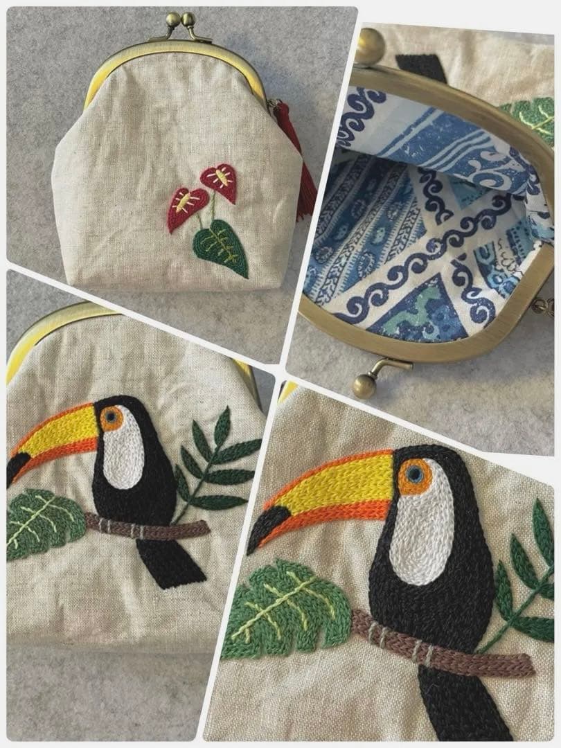 ハンドメイド　手刺繍　がま口ポーチ☆ まりもです