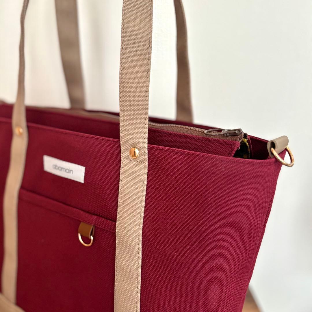 【JUNE】あおりポケット付きトートバッグL 倉敷8号帆布　ボルドー