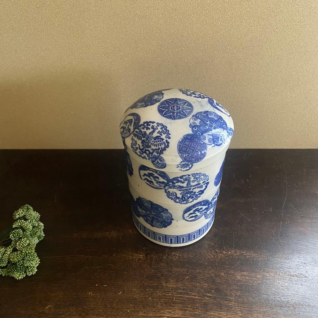 明治　印判陶器御重　4段重箱　丸型　骨董