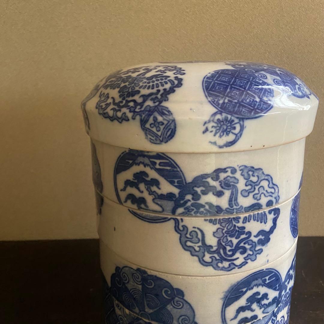 明治　印判陶器御重　4段重箱　丸型　骨董