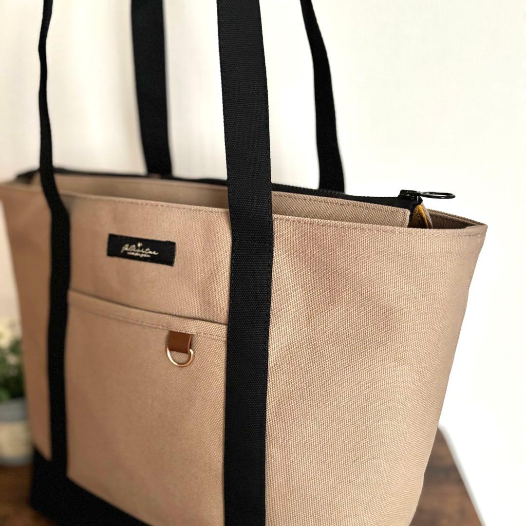 【kuyu】あおりポケット付きトートバッグL 倉敷8号帆布　マッシュルーム