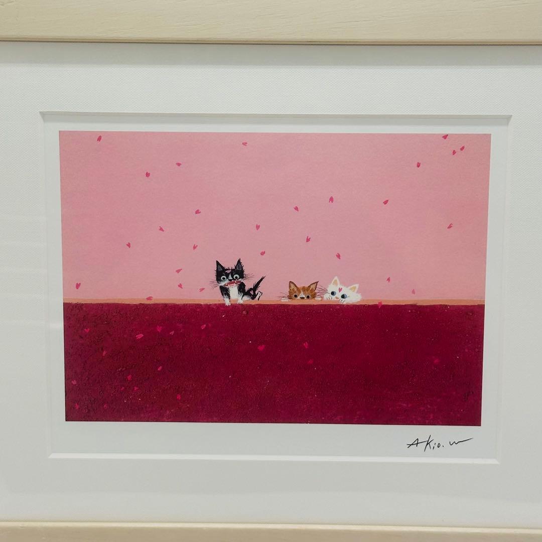 直筆サインイラスト入り 渡辺あきお さんにんの旅立ち 版画