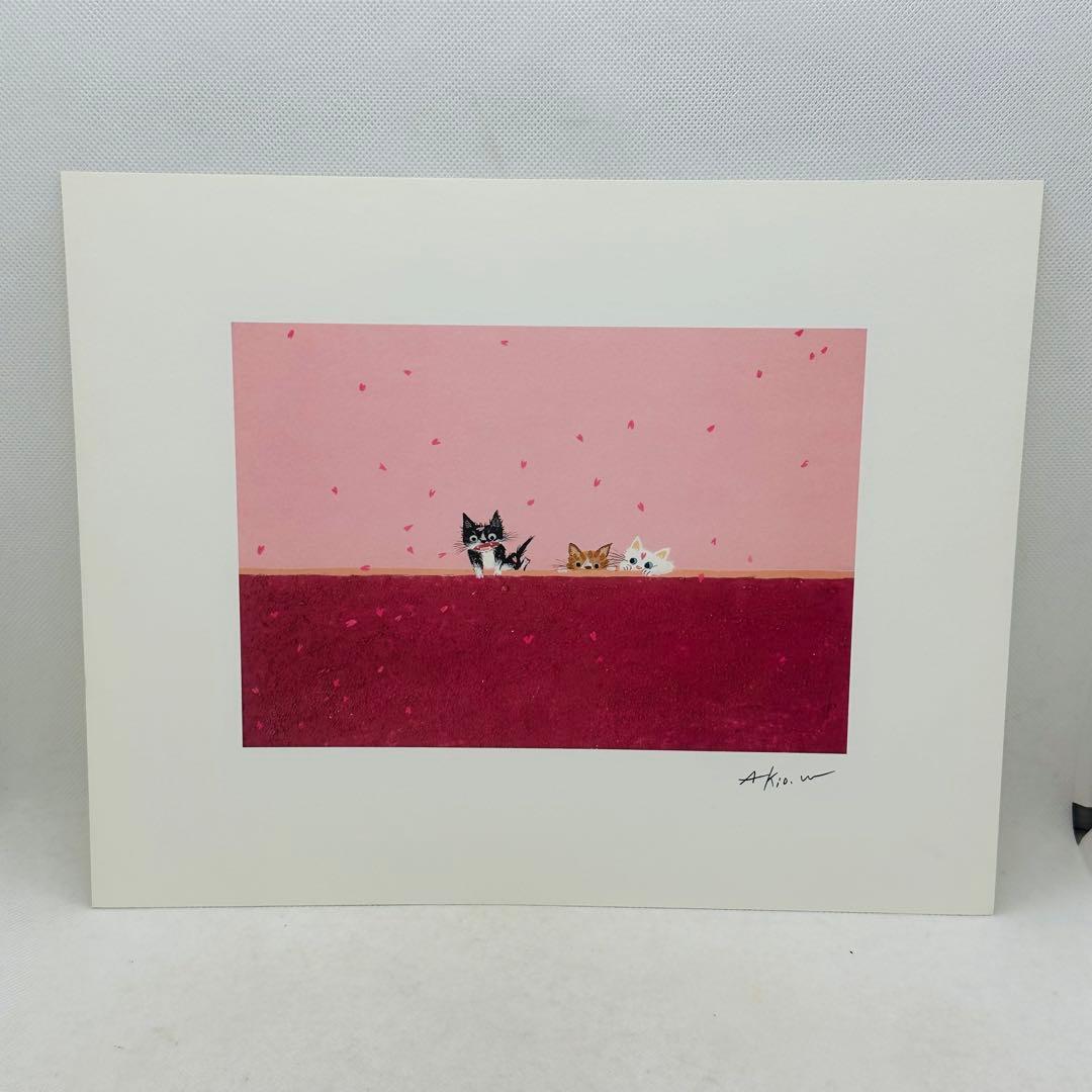 直筆サインイラスト入り 渡辺あきお さんにんの旅立ち 版画