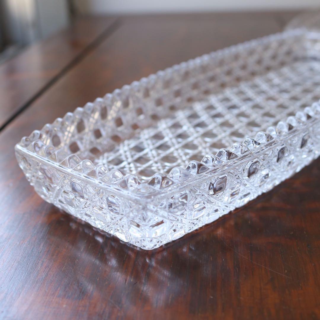 和硝子 籠目突出し皿　和ガラス　長皿　6セット（アンティーク古道具蚤の市骨董