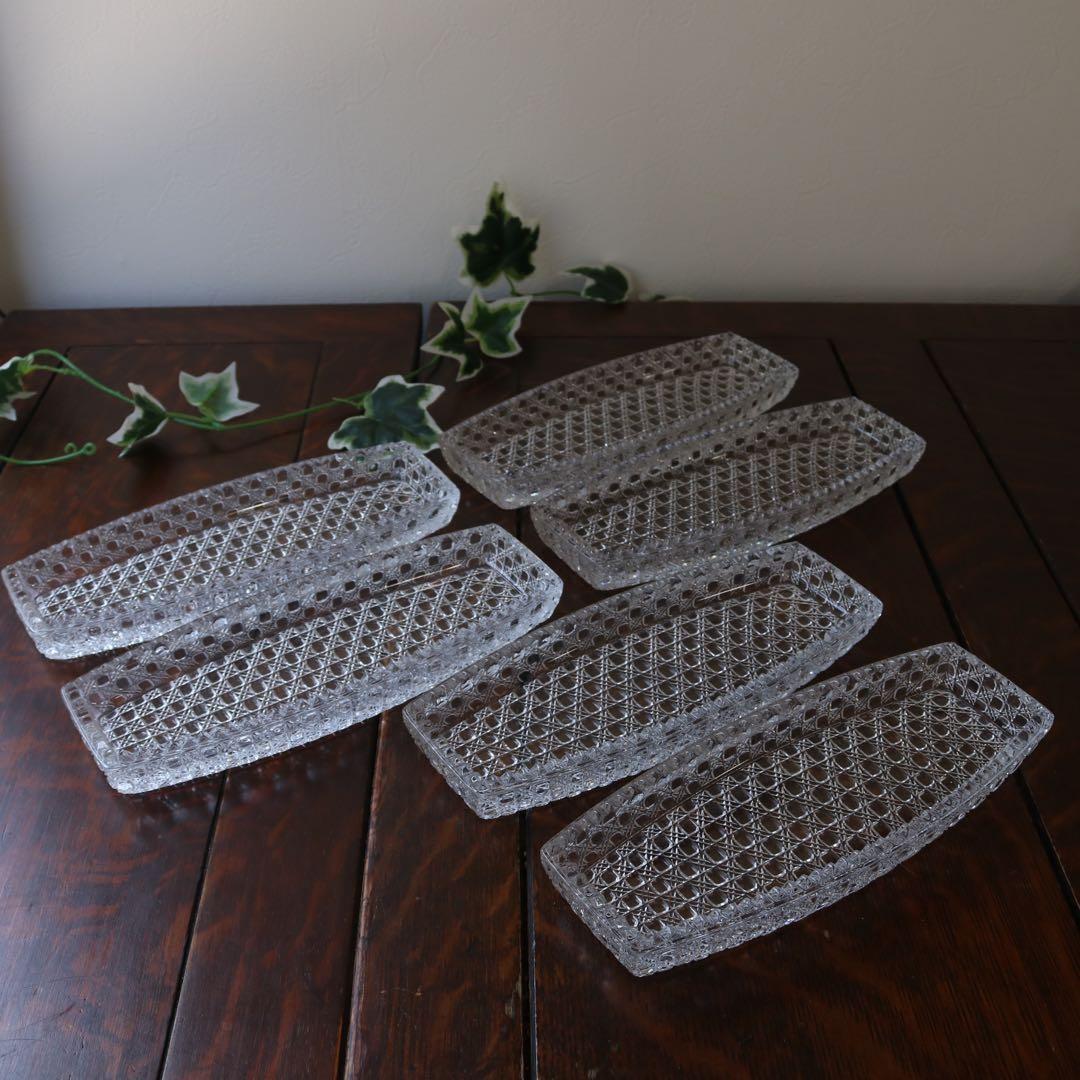 和硝子 籠目突出し皿　和ガラス　長皿　6セット（アンティーク古道具蚤の市骨董