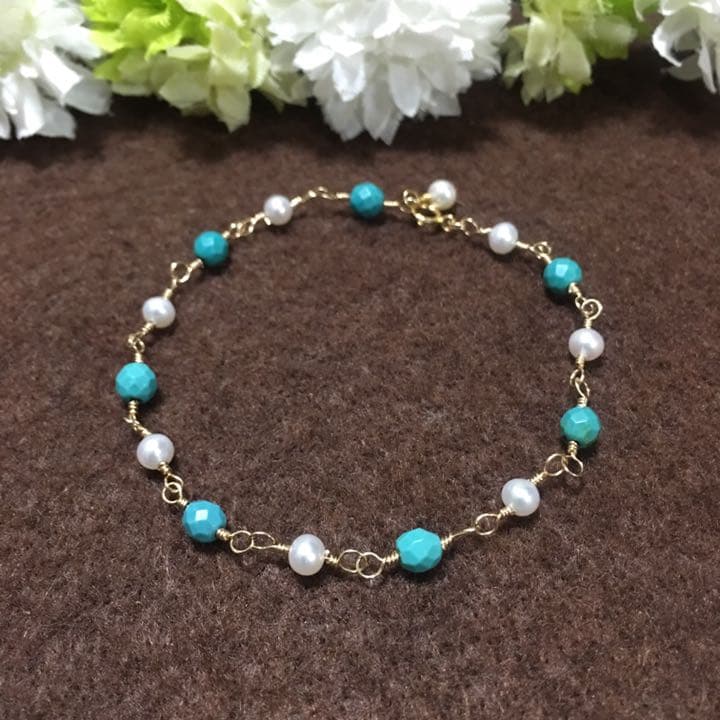 【14kgf 】天然色ターコイズと淡水パールのブレスレット
