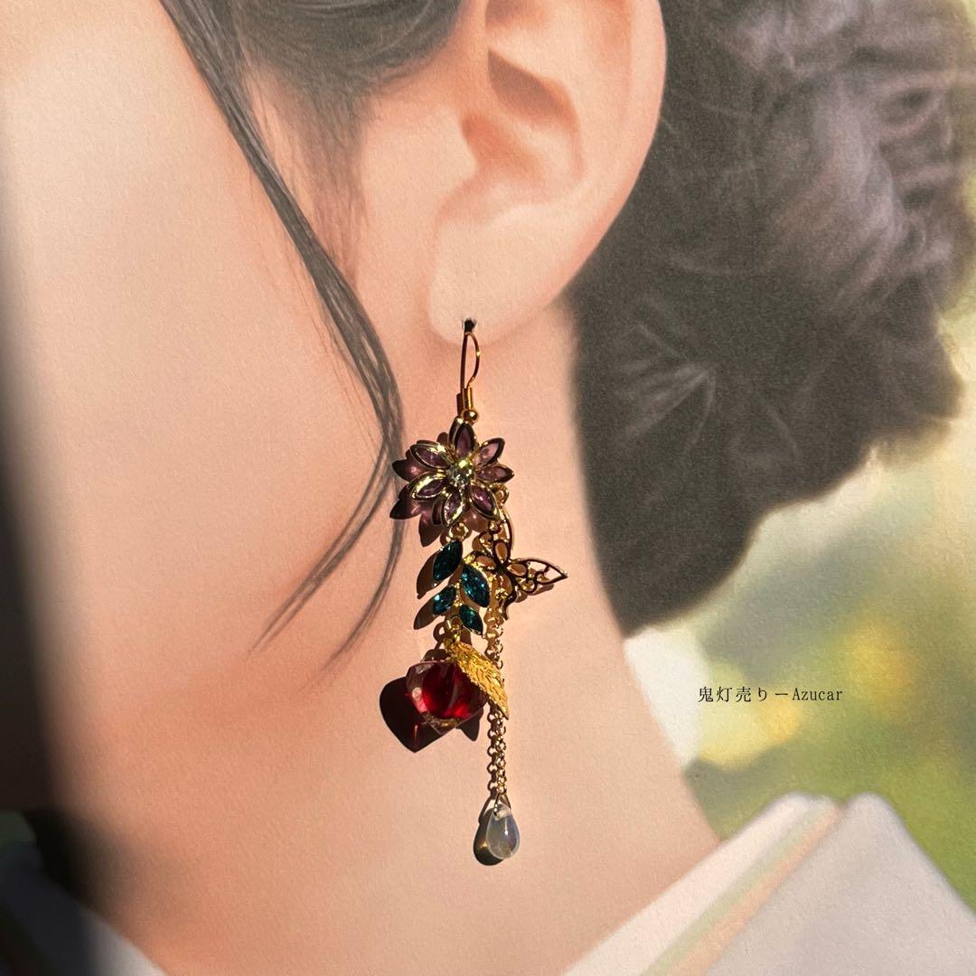 雨と鬼灯と蓮の和風ピアス イヤリング 着物や袴　成人式の和装小物にも★