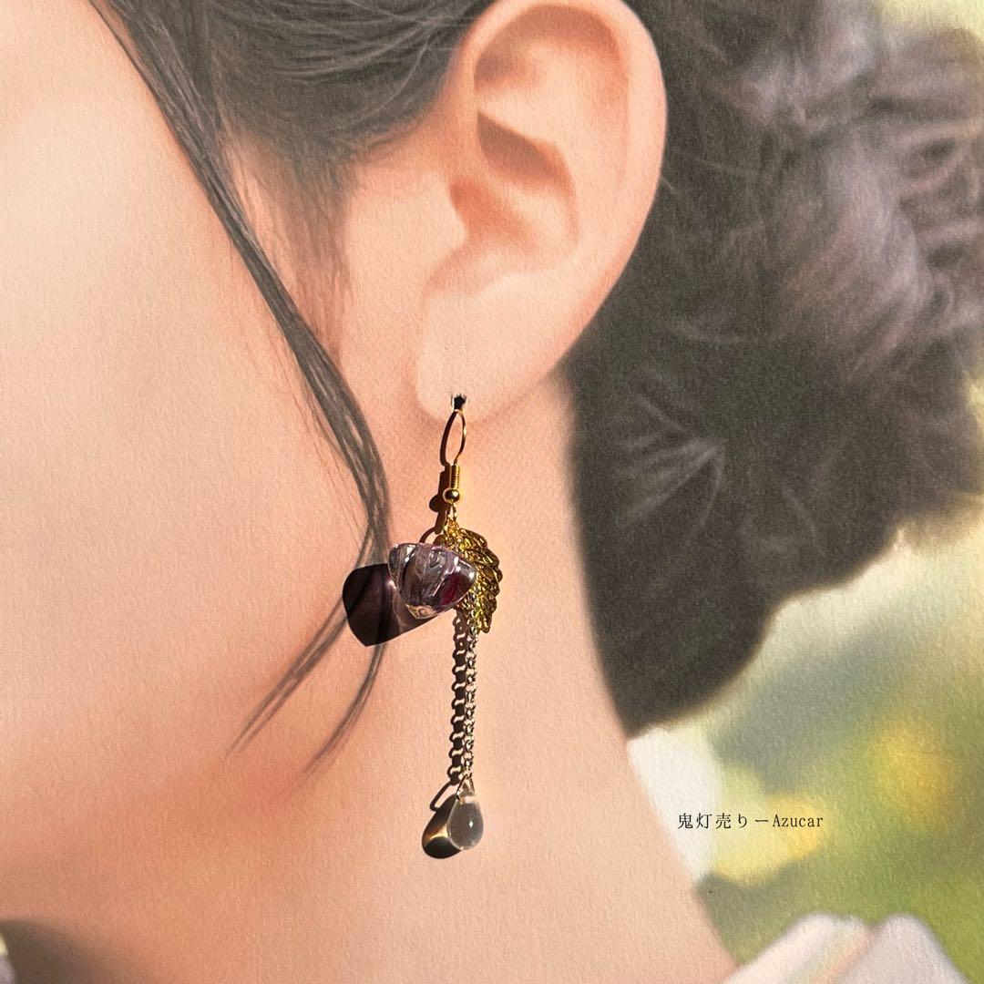 雨と鬼灯と蓮の和風ピアス イヤリング 着物や袴　成人式の和装小物にも★