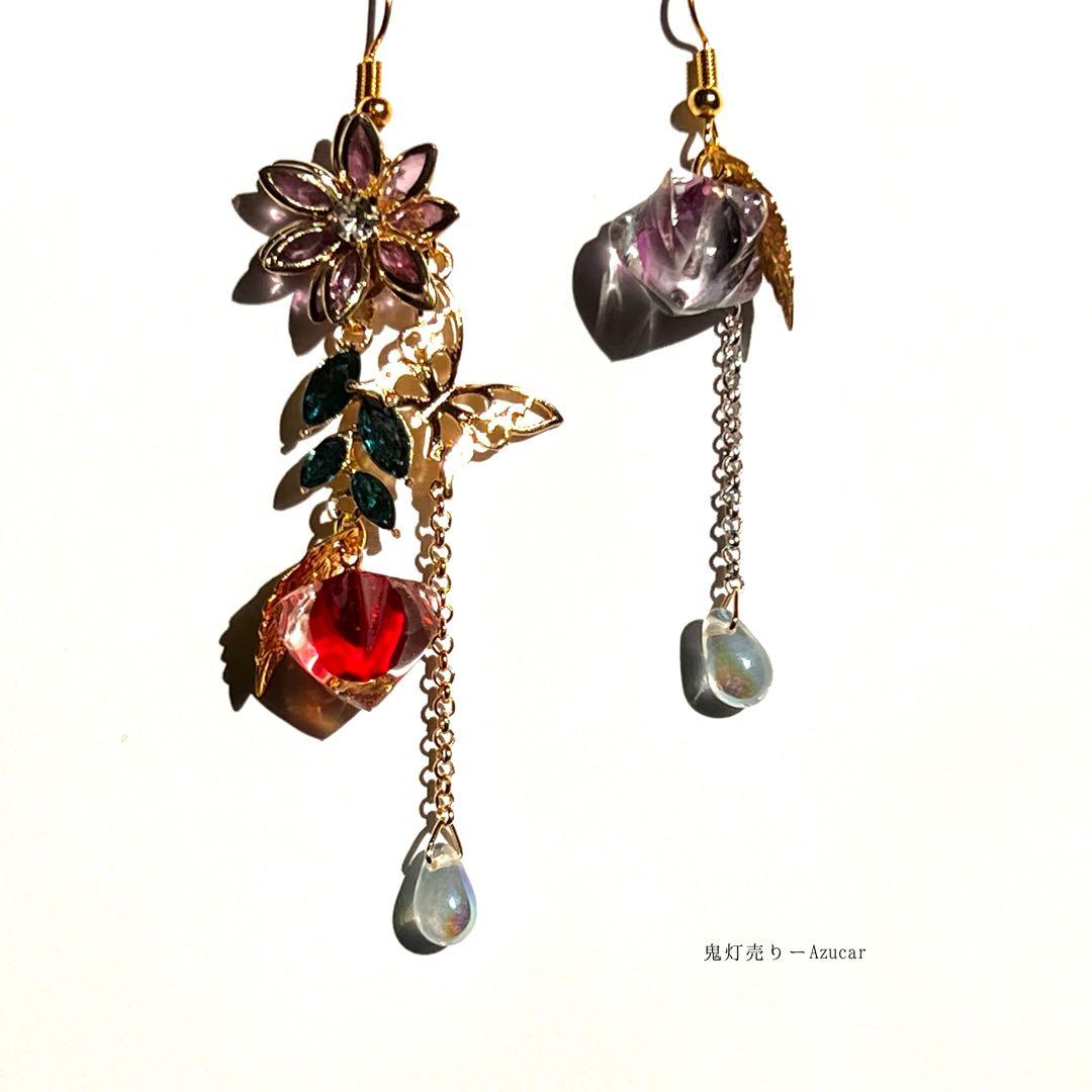 雨と鬼灯と蓮の和風ピアス イヤリング 着物や袴　成人式の和装小物にも★