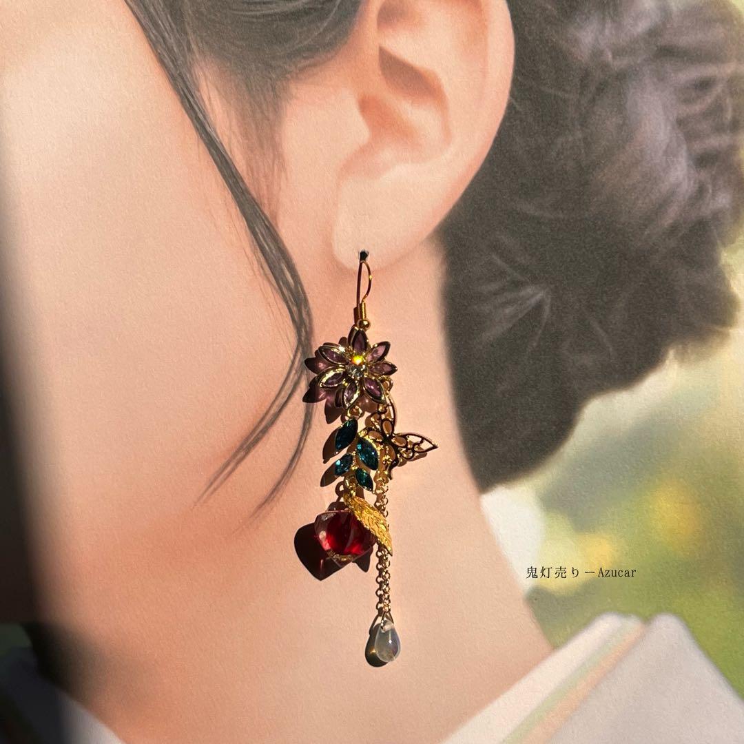 雨と鬼灯と蓮の和風ピアス イヤリング 着物や袴　成人式の和装小物にも★