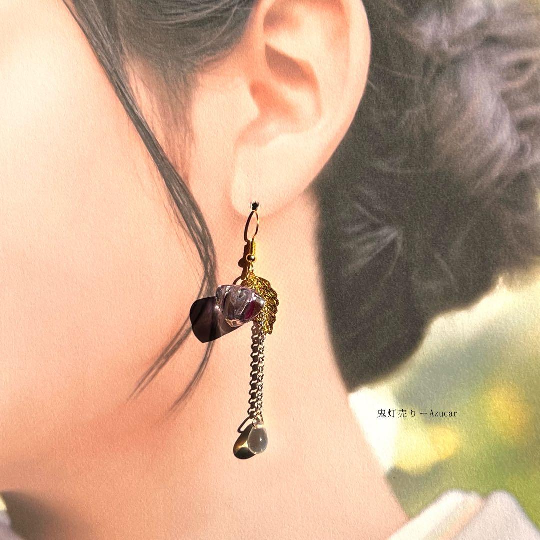 雨と鬼灯と蓮の和風ピアス イヤリング 着物や袴　成人式の和装小物にも★