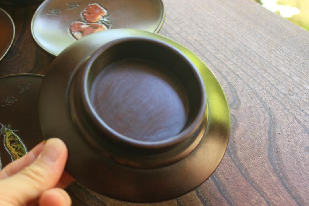 矢部犀洲作！風情ある野菜果物文の映える鳥城彫の台付皿5点（検讃岐彫菓子皿銘々皿
