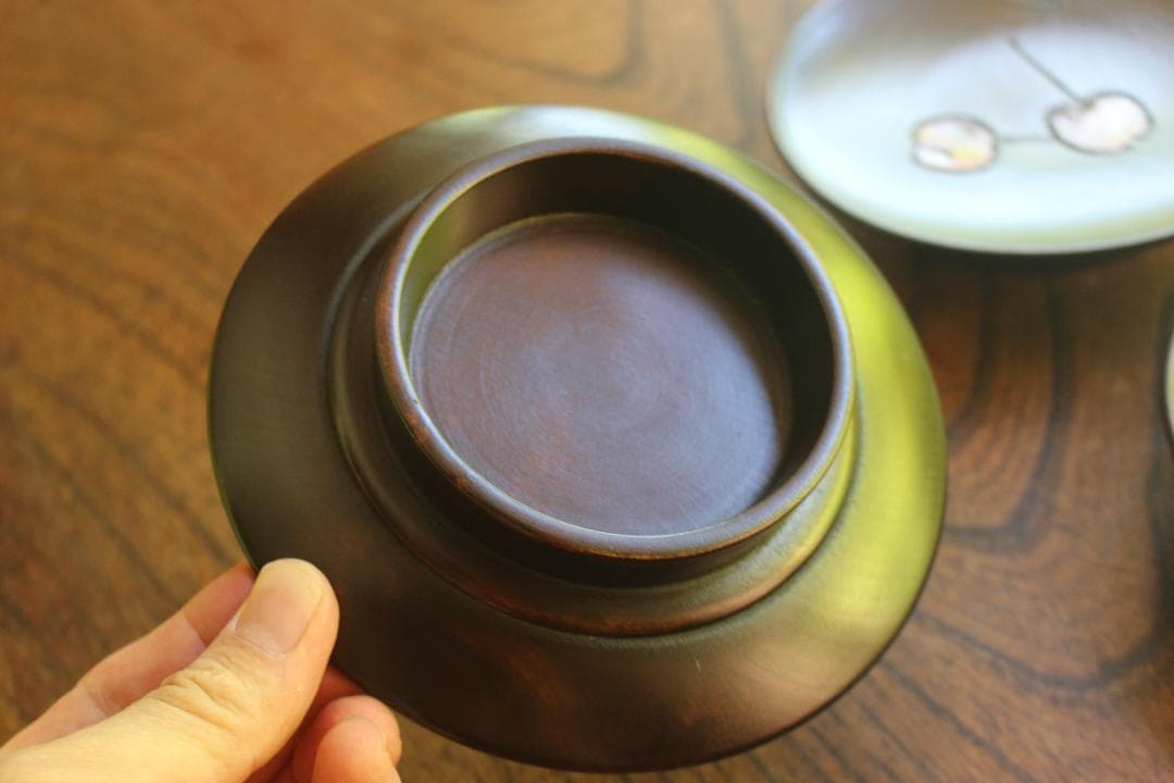 矢部犀洲作！風情ある野菜果物文の映える鳥城彫の台付皿5点（検讃岐彫菓子皿銘々皿