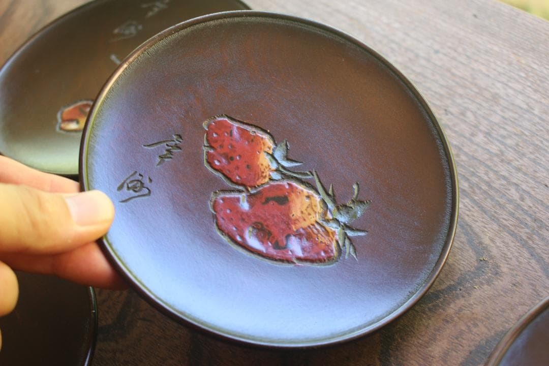 矢部犀洲作！風情ある野菜果物文の映える鳥城彫の台付皿5点（検讃岐彫菓子皿銘々皿