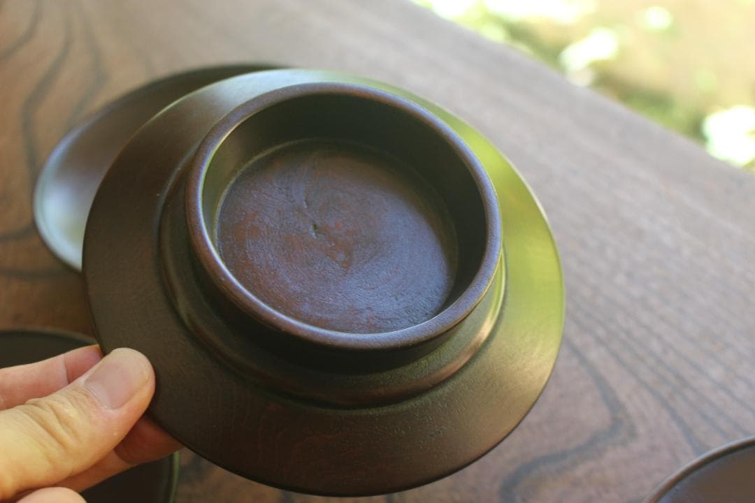 矢部犀洲作！風情ある野菜果物文の映える鳥城彫の台付皿5点（検讃岐彫菓子皿銘々皿