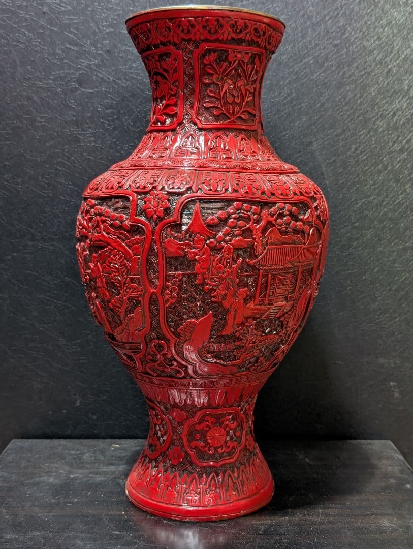中国 美術 骨董 堆朱 壺 赤壺 工芸品 民芸品 彫刻 花柄 花瓶 花器 置物