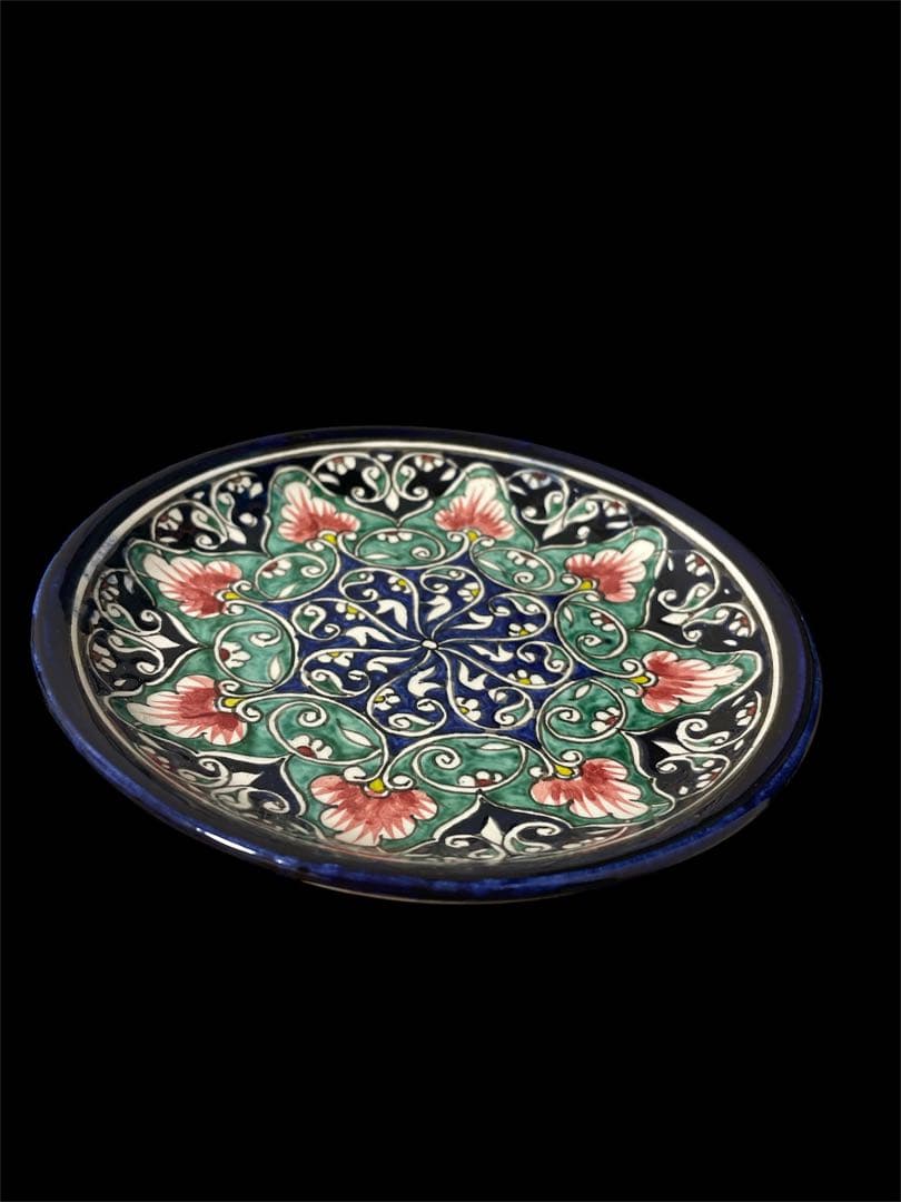 【未使用・美品】ウズベキスタン製　陶器プレート 5枚セット 手描き 青×花柄