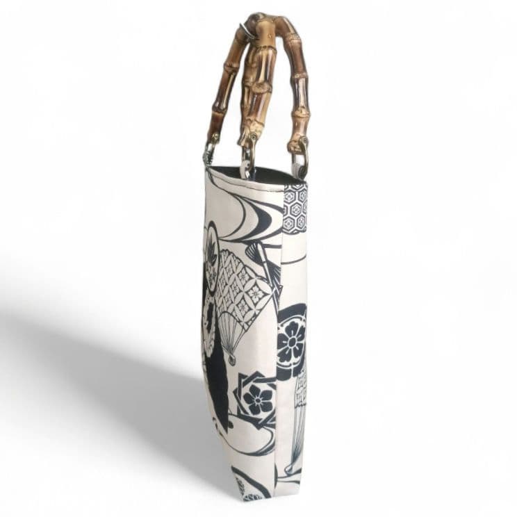 バンブー手提げ　家紋　扇子　お祭りバッグ　和柄バッグ　お祭り　神輿　御朱印巡り