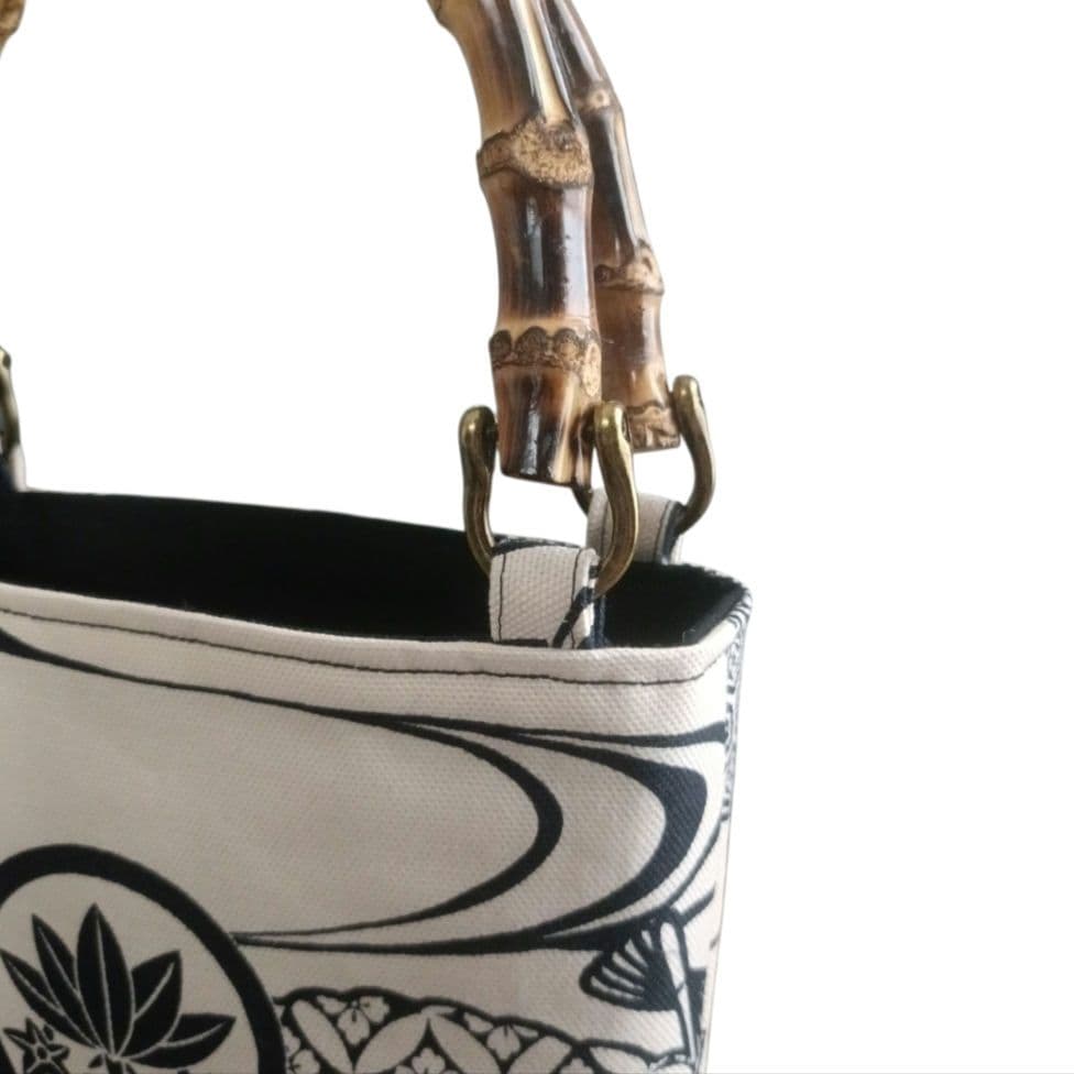 バンブー手提げ　家紋　扇子　お祭りバッグ　和柄バッグ　お祭り　神輿　御朱印巡り