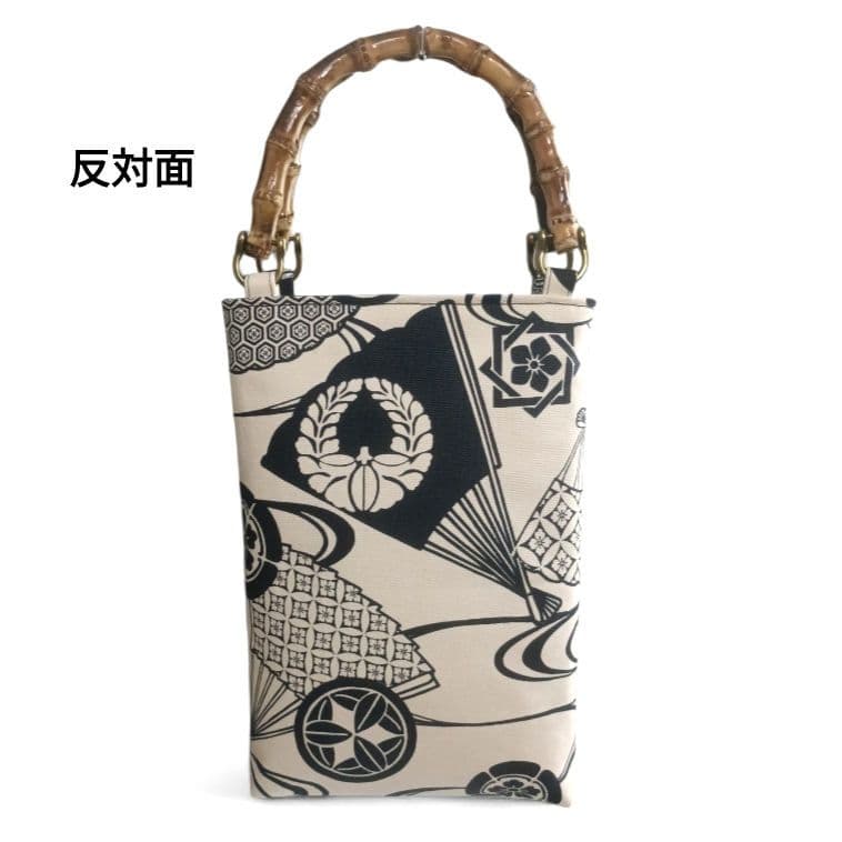バンブー手提げ　家紋　扇子　お祭りバッグ　和柄バッグ　お祭り　神輿　御朱印巡り