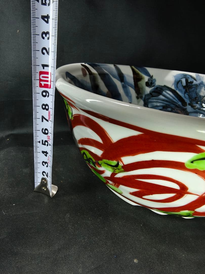 陶芸家梅田純一作品 赤絵手描き深鉢 鉄釉 共箱 蒐集家放出美品 未使用蔵出し