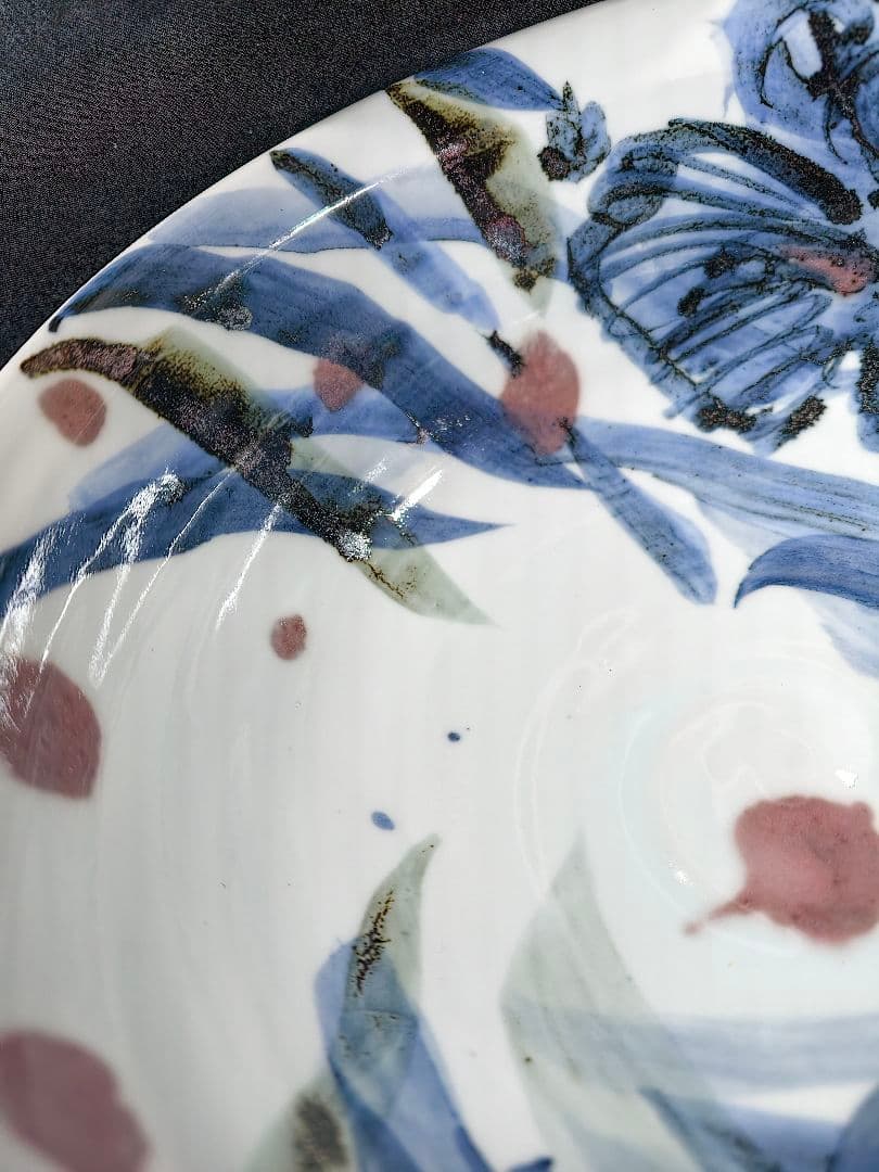 陶芸家梅田純一作品 赤絵手描き深鉢 鉄釉 共箱 蒐集家放出美品 未使用蔵出し