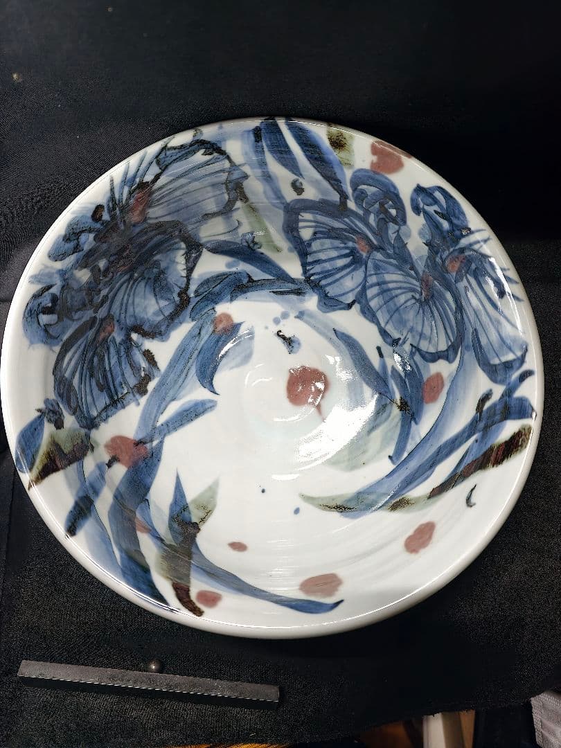 陶芸家梅田純一作品 赤絵手描き深鉢 鉄釉 共箱 蒐集家放出美品 未使用蔵出し