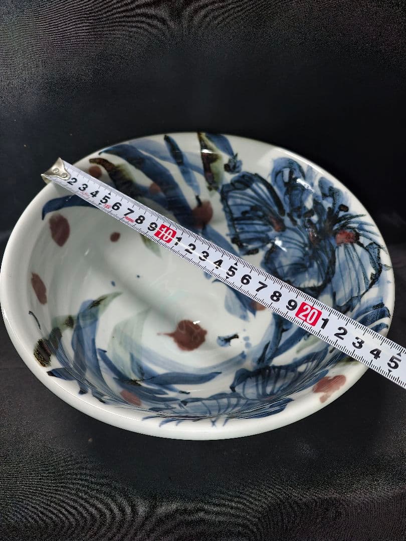 陶芸家梅田純一作品 赤絵手描き深鉢 鉄釉 共箱 蒐集家放出美品 未使用蔵出し