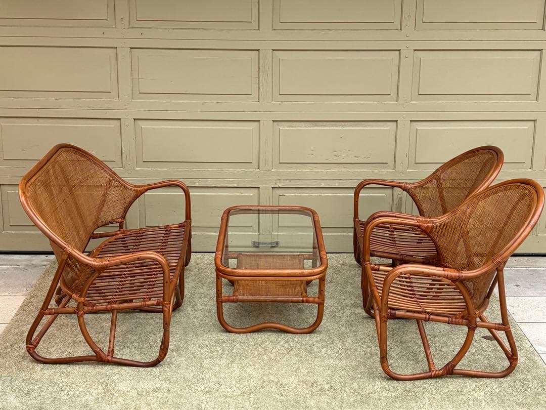 天然ラタン 2人掛け ラブソファ 籐家具 ヴィンテージ レトロ アジアン