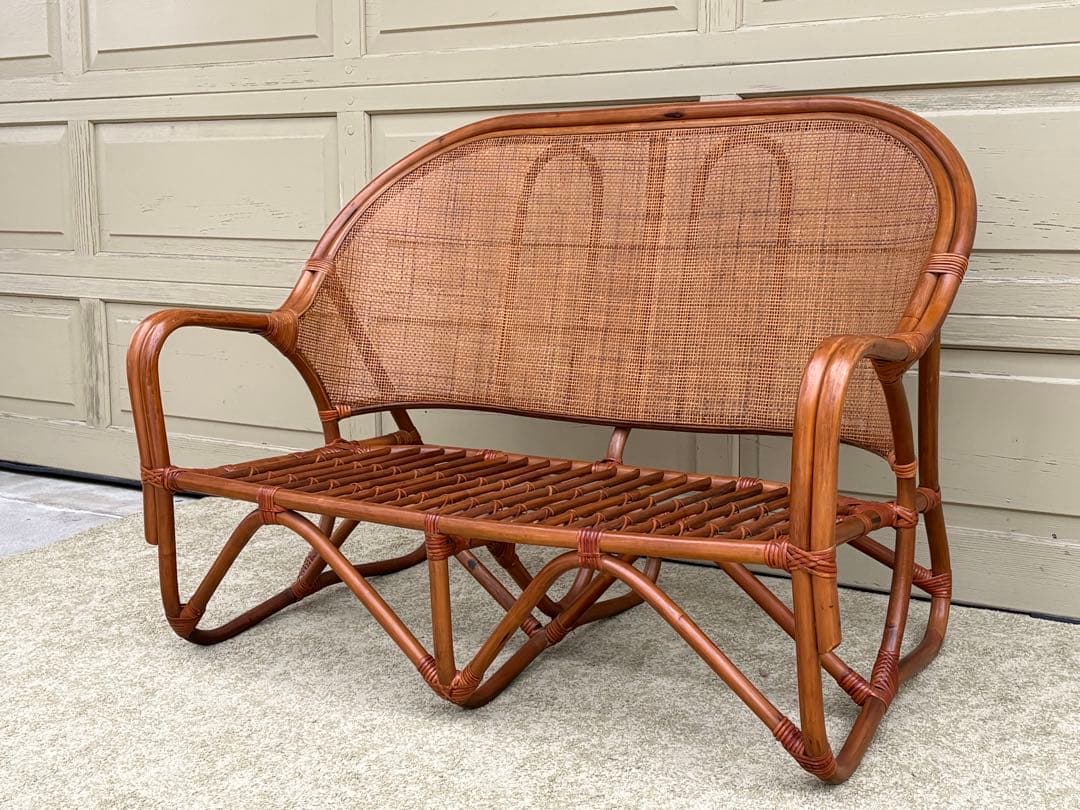 天然ラタン 2人掛け ラブソファ 籐家具 ヴィンテージ レトロ アジアン