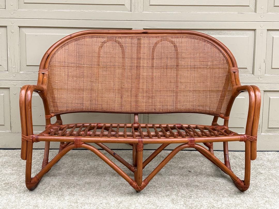 天然ラタン 2人掛け ラブソファ 籐家具 ヴィンテージ レトロ アジアン