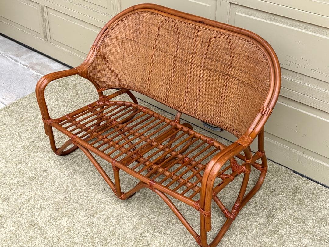 天然ラタン 2人掛け ラブソファ 籐家具 ヴィンテージ レトロ アジアン