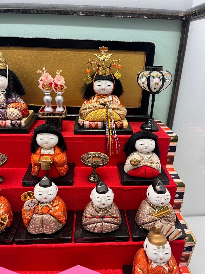 ひな人形 アンティーク 木目込み 豆雛 十五人揃え ガラスケース 15人 雛人形