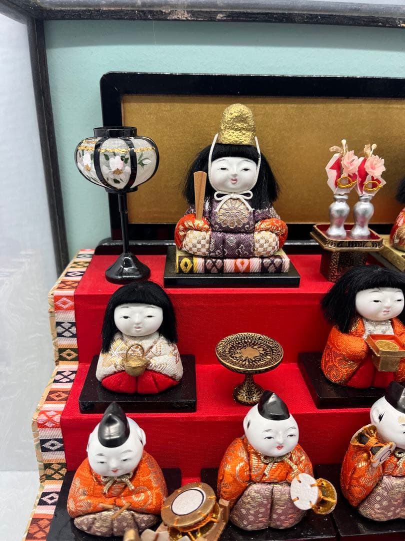ひな人形 アンティーク 木目込み 豆雛 十五人揃え ガラスケース 15人 雛人形