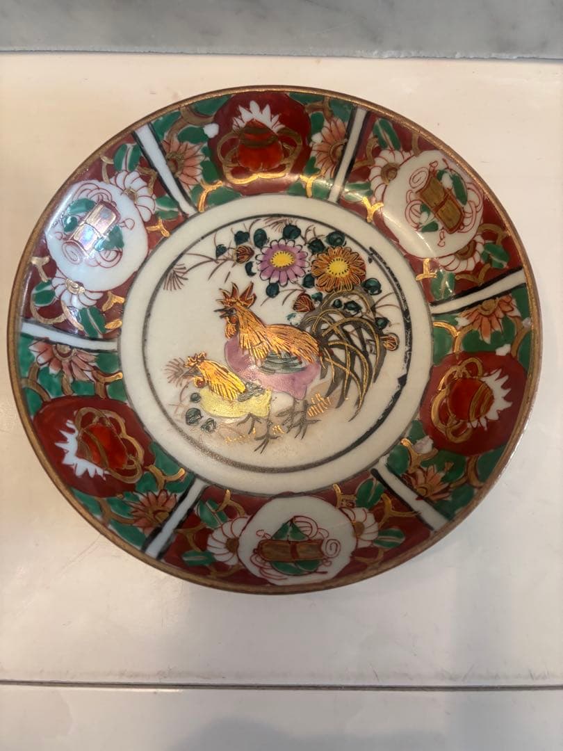 九谷焼明治期アンティークゴージャスな金彩溢れるニワトリやお花が美しい赤絵菊松図皿