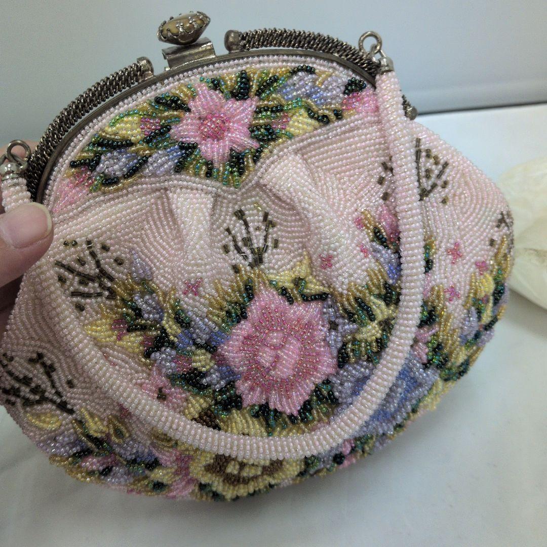 レトロなフラワーモチーフ ビーズ刺繍 ハンドバッグ