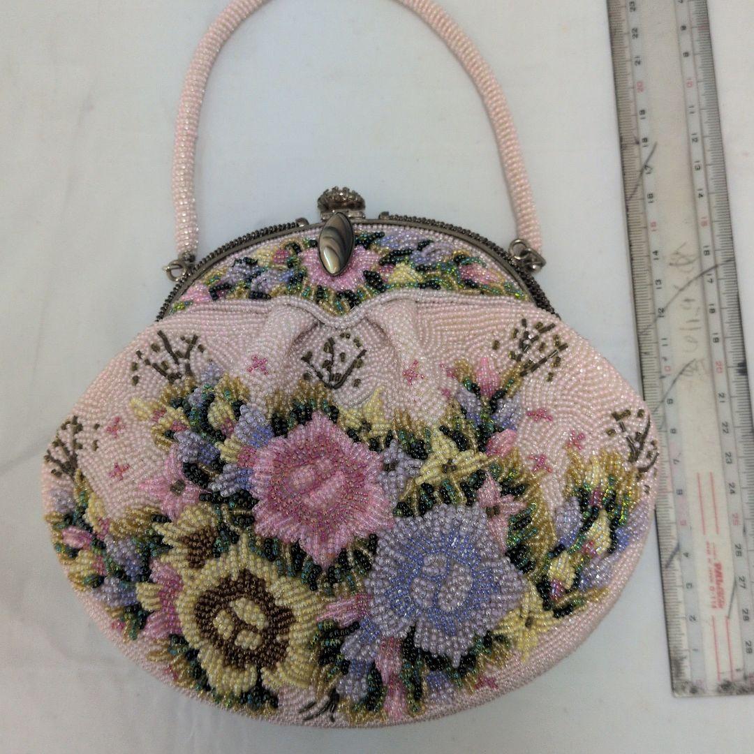 レトロなフラワーモチーフ ビーズ刺繍 ハンドバッグ