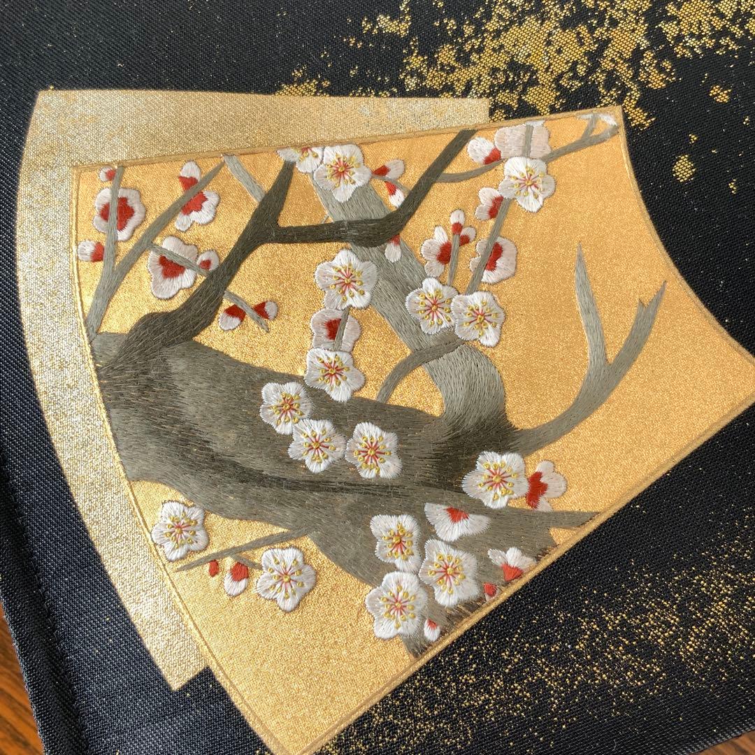 きらめく扇面に刺繍の白梅　袋帯　リメイク　バンブーハンドルバッグ　浅型マチ広め