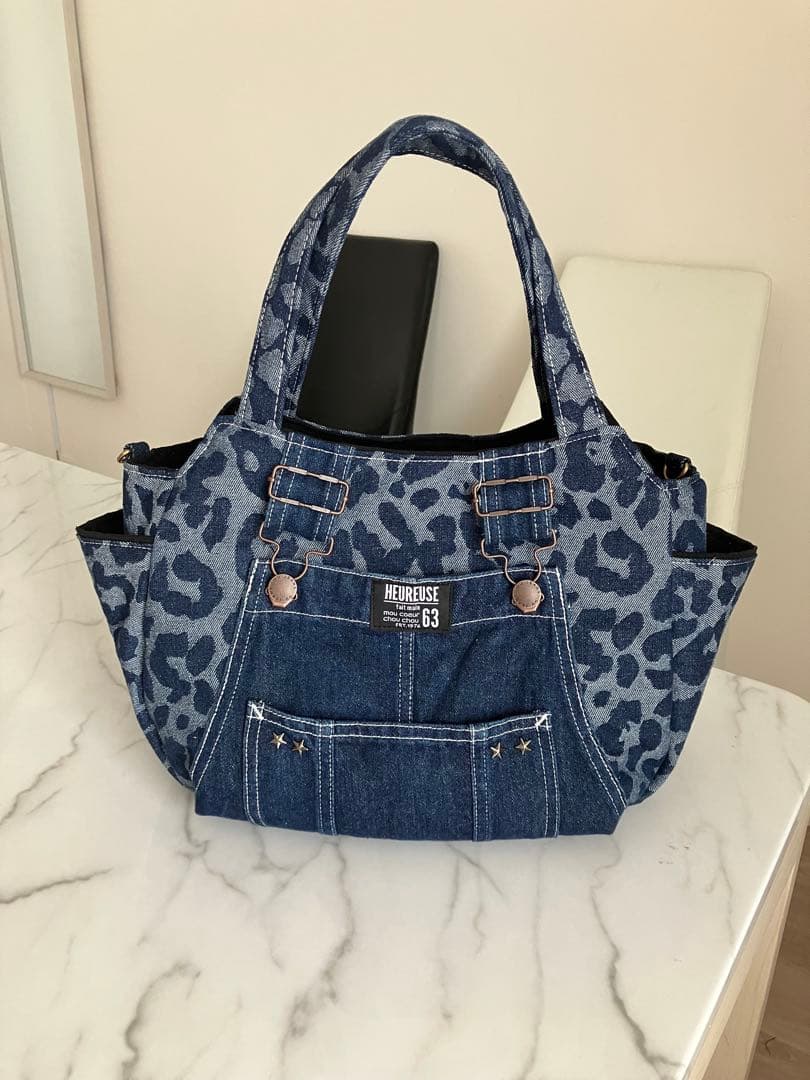 668 ローザ　大きめヒョウ柄デニムリメイクバック　ハンドメイド