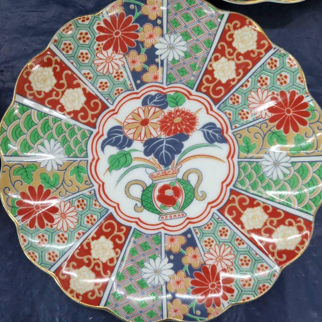有田焼　陶扇　銘々皿×5枚　中皿　菊割皿　錦絵　赤絵　金彩　古伊万里　AR1.8