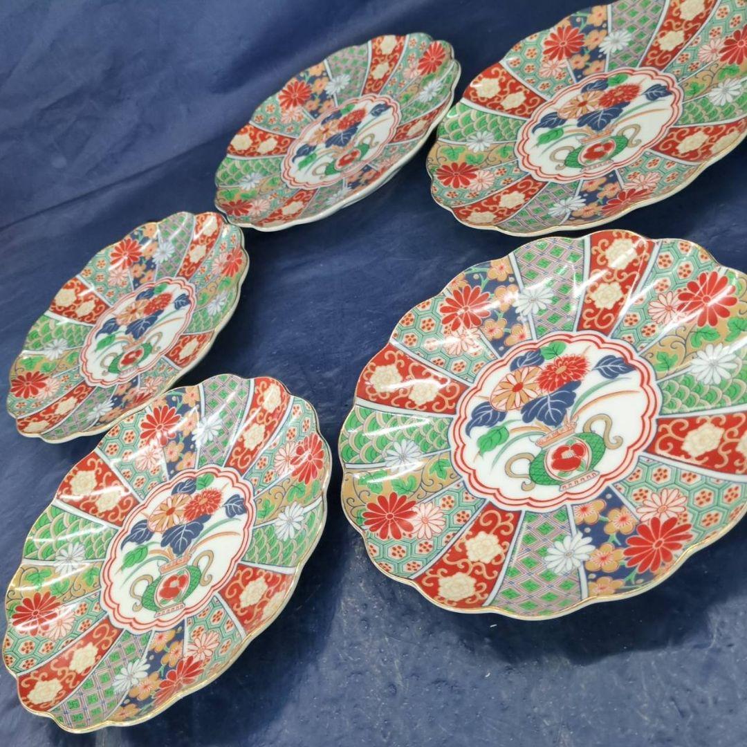 有田焼　陶扇　銘々皿×5枚　中皿　菊割皿　錦絵　赤絵　金彩　古伊万里　AR1.8